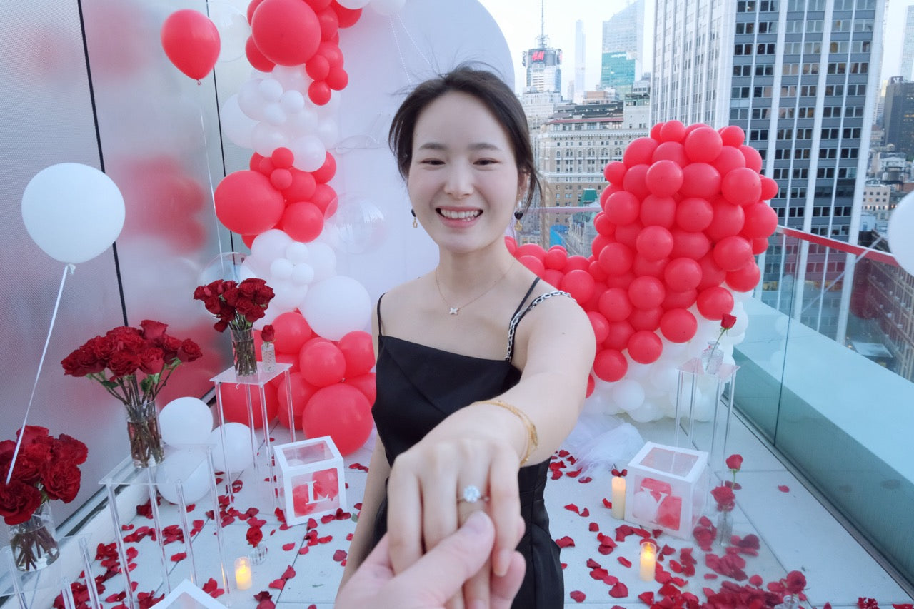 NYC Proposal|Empire State Building View|Red & White Florals & Balloons