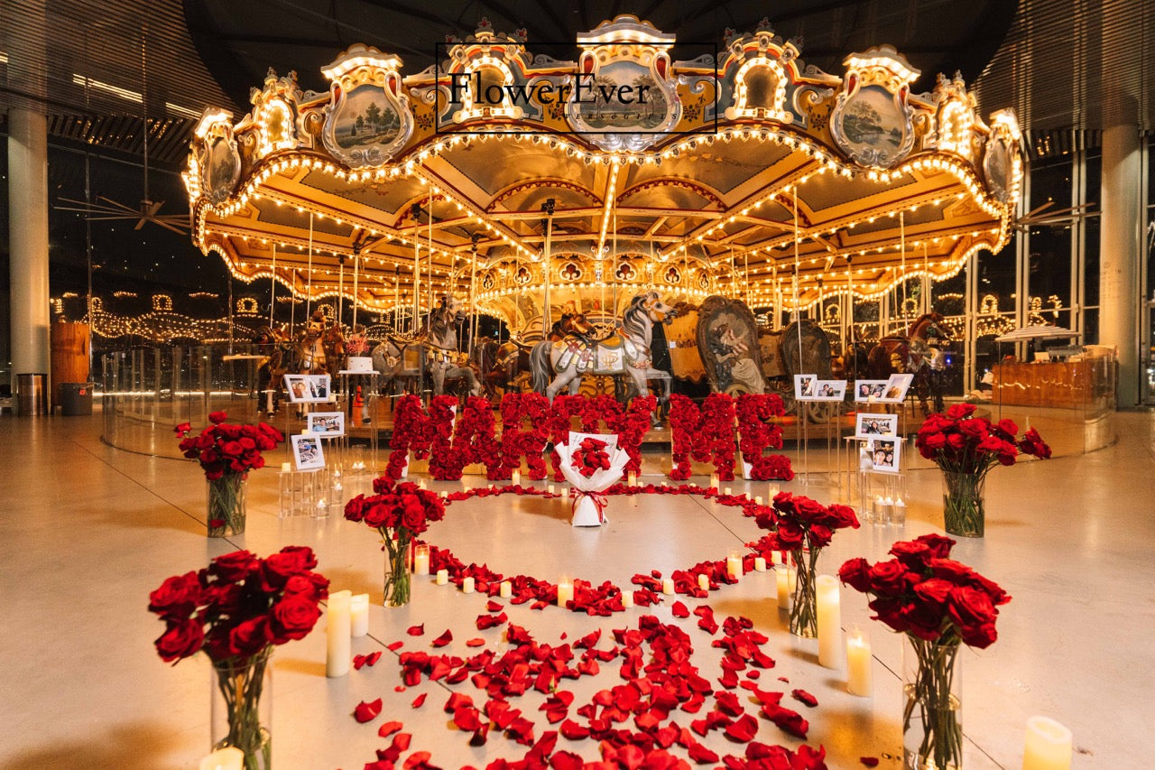 NYC Luxurious Proposal Decor|Red Rose Aisle + Photo Frames + Rose Heart