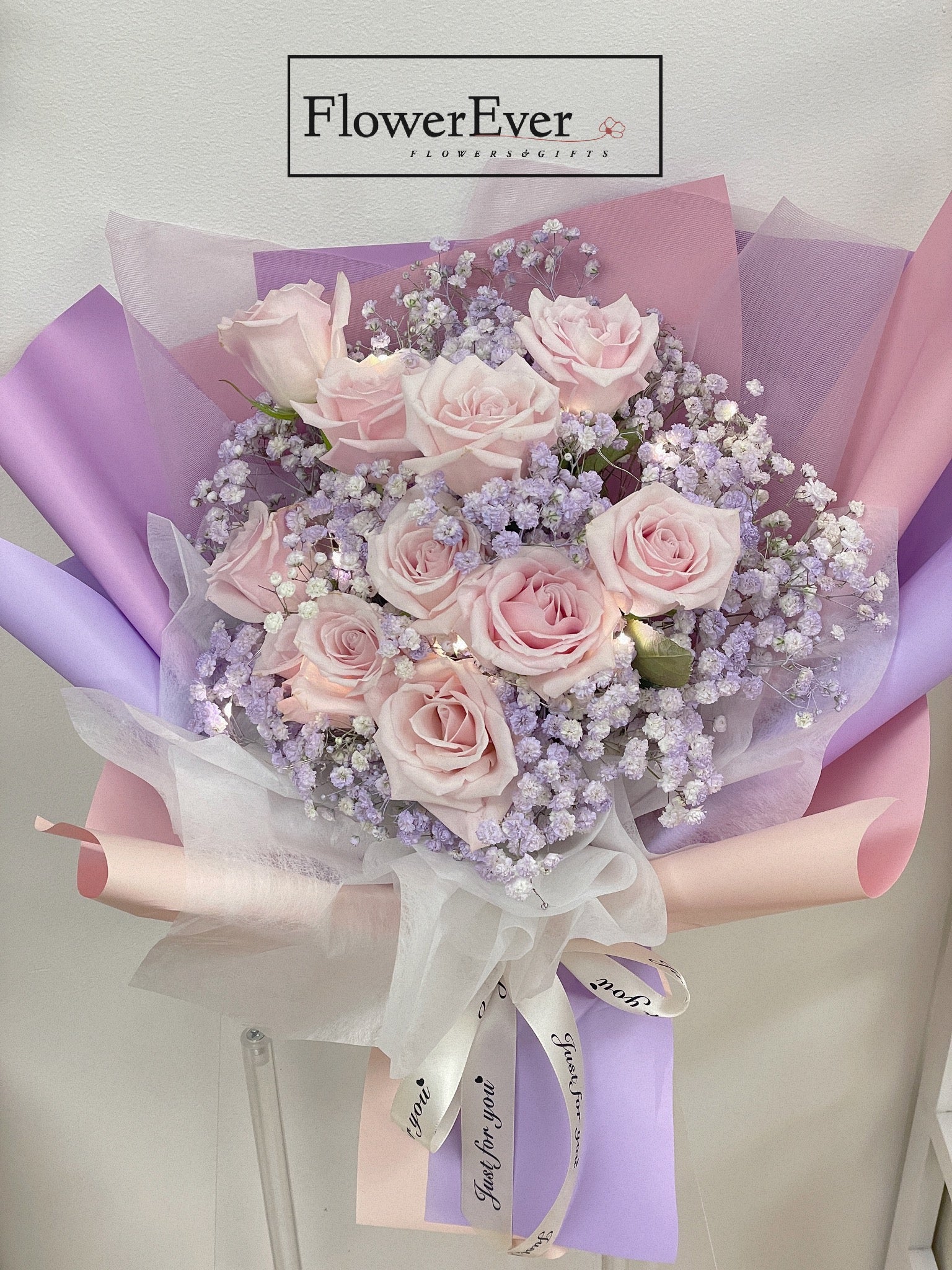 Pink Rose Bouquet in Pink & Purple Paper with Baby&