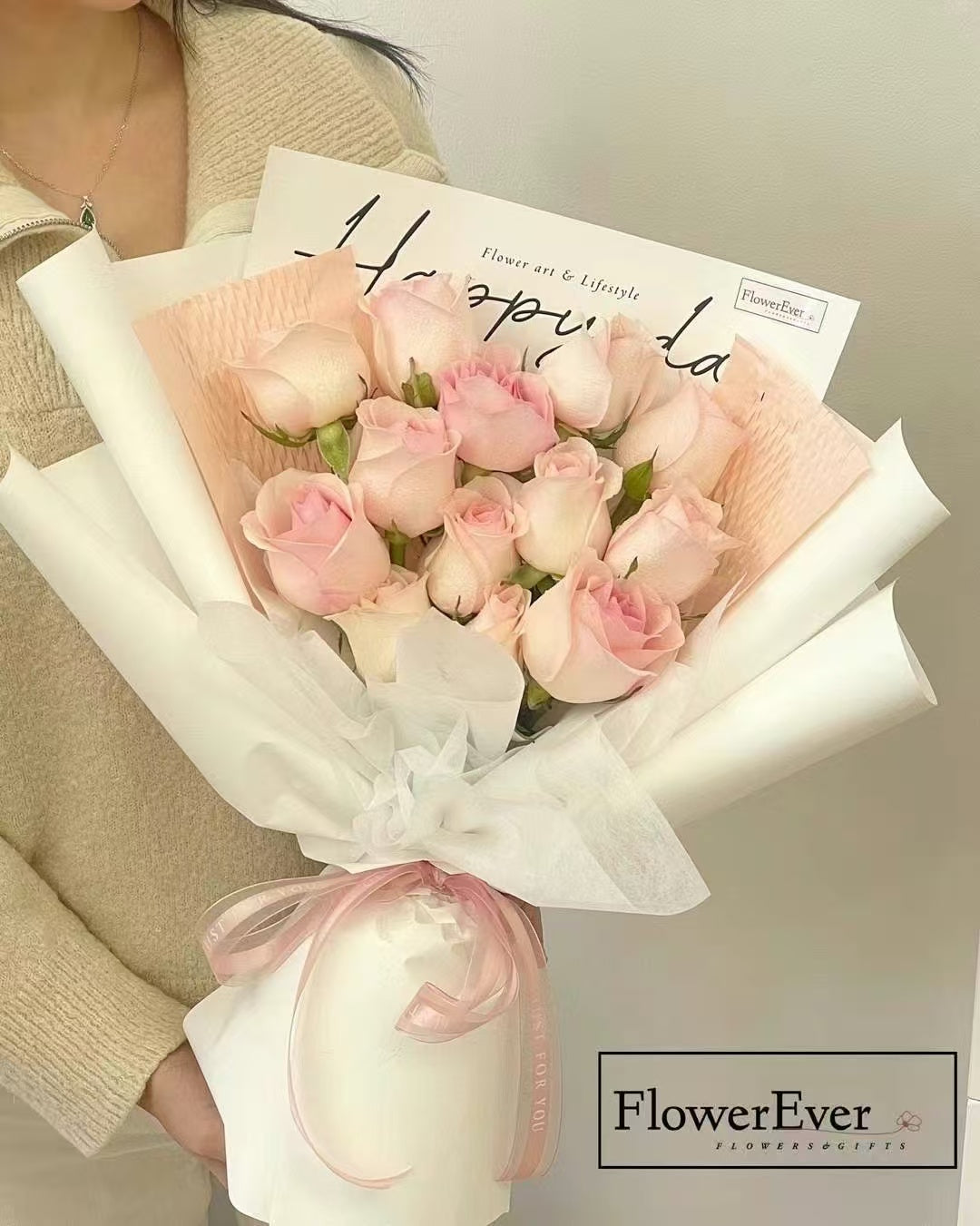 Pink Rose Bouquet in White Floral Paper|12 Stems & 24 Stems