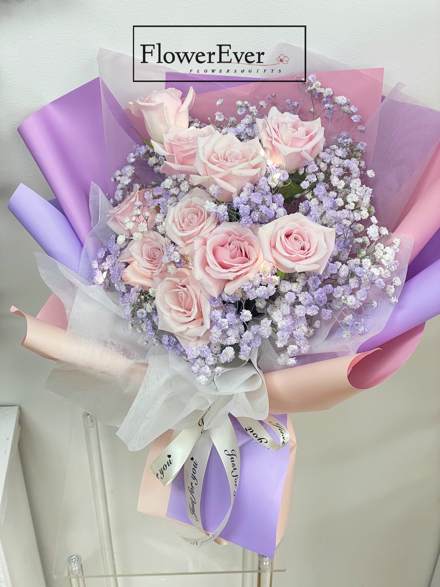 Pink Rose Bouquet in Pink & Purple Paper with Baby&