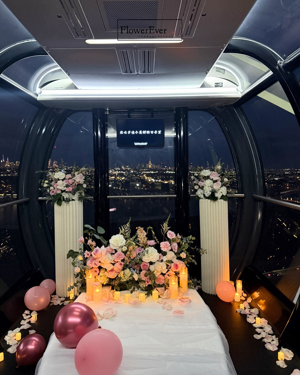 Proposal decoration setup – NYC Ferris Wheel Proposal Decor-Flowers, Balloon + Bouquet – New York proposal decorator
