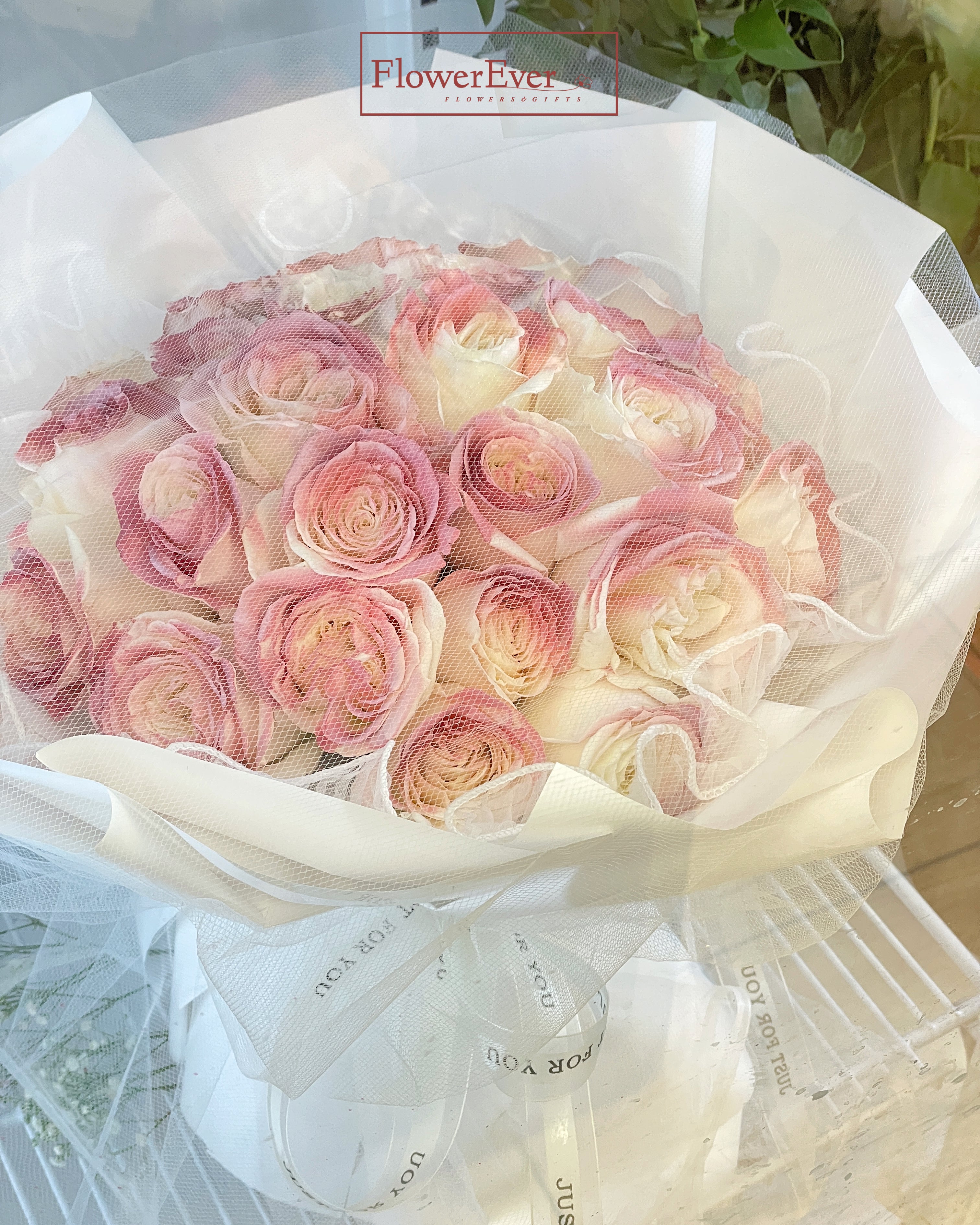 White Rose with Pink Round Bouquet in Luxury Style|24 Stems