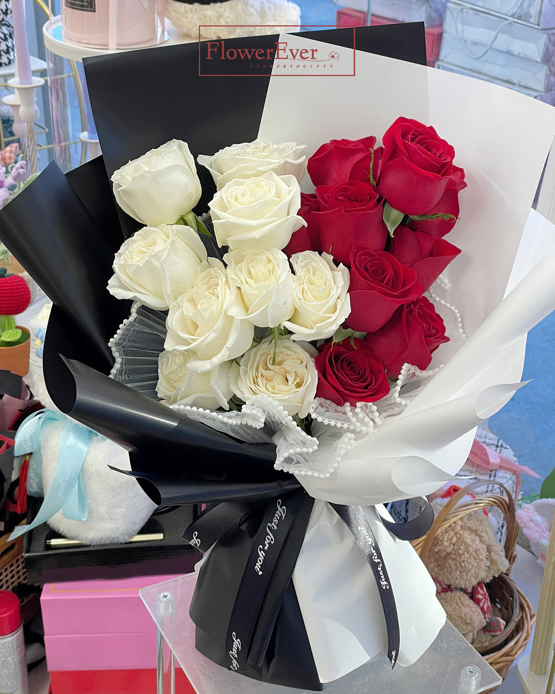 Red & White Rose Bouquet in Black & White Paper