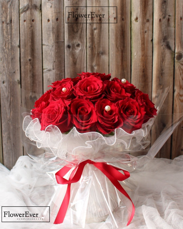 Graceful Red Roses Adorned with White Lace & Pearls | 24 Blooms
