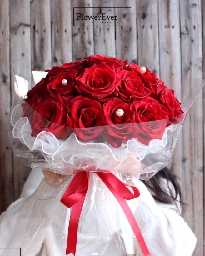 Charming Red Rose Bouquet Enhanced with White Lace & Pearls | 24 Stems