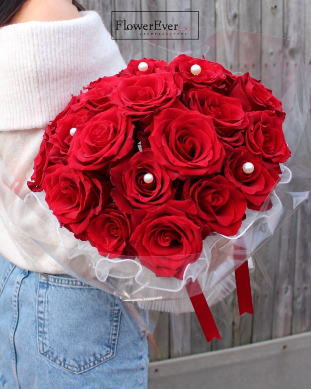 24 Fresh Red Rose Stems Embraced by Elegant White Lace & Pearls