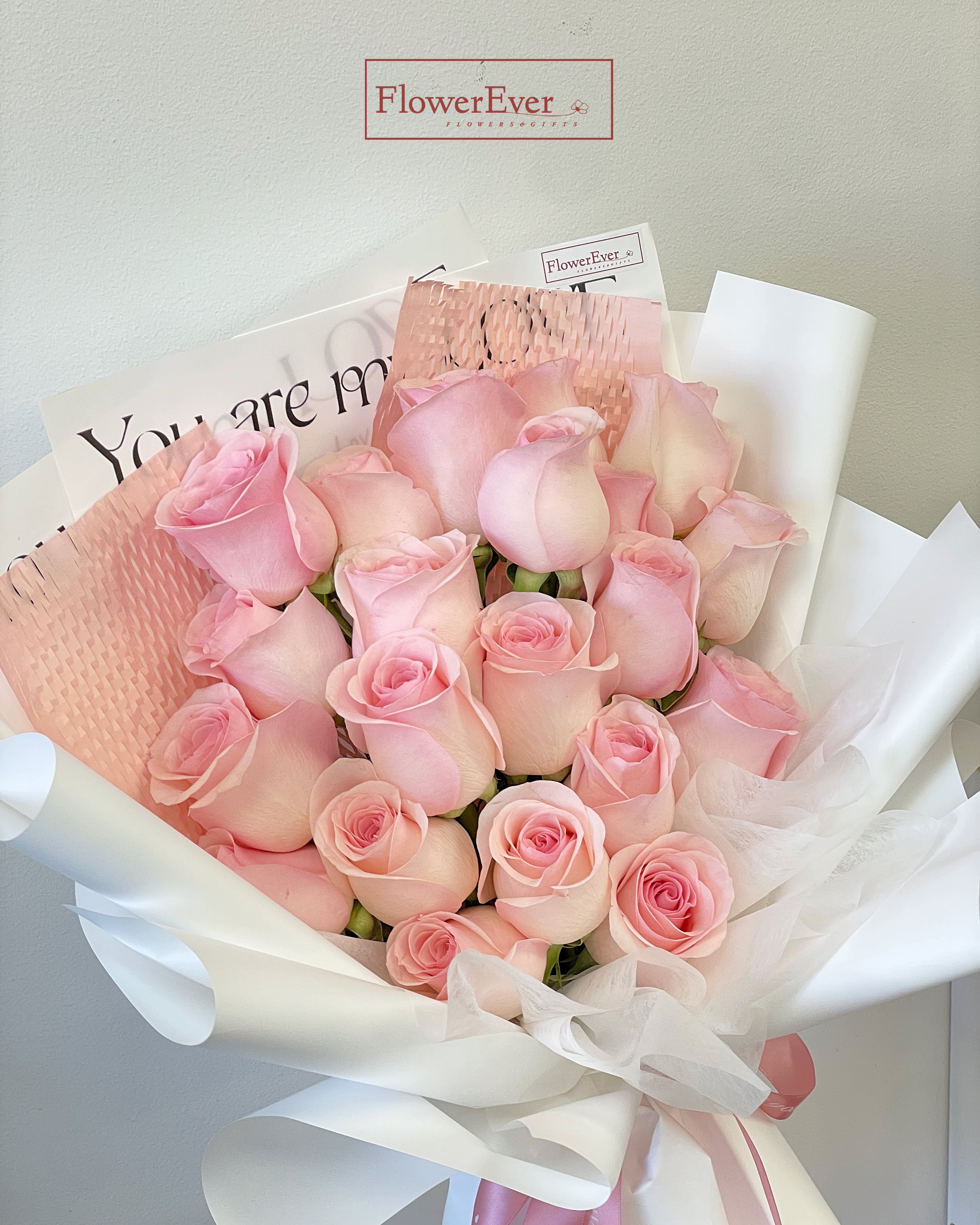 Pink Rose Bouquet in White Floral Paper|12 Stems & 24 Stems