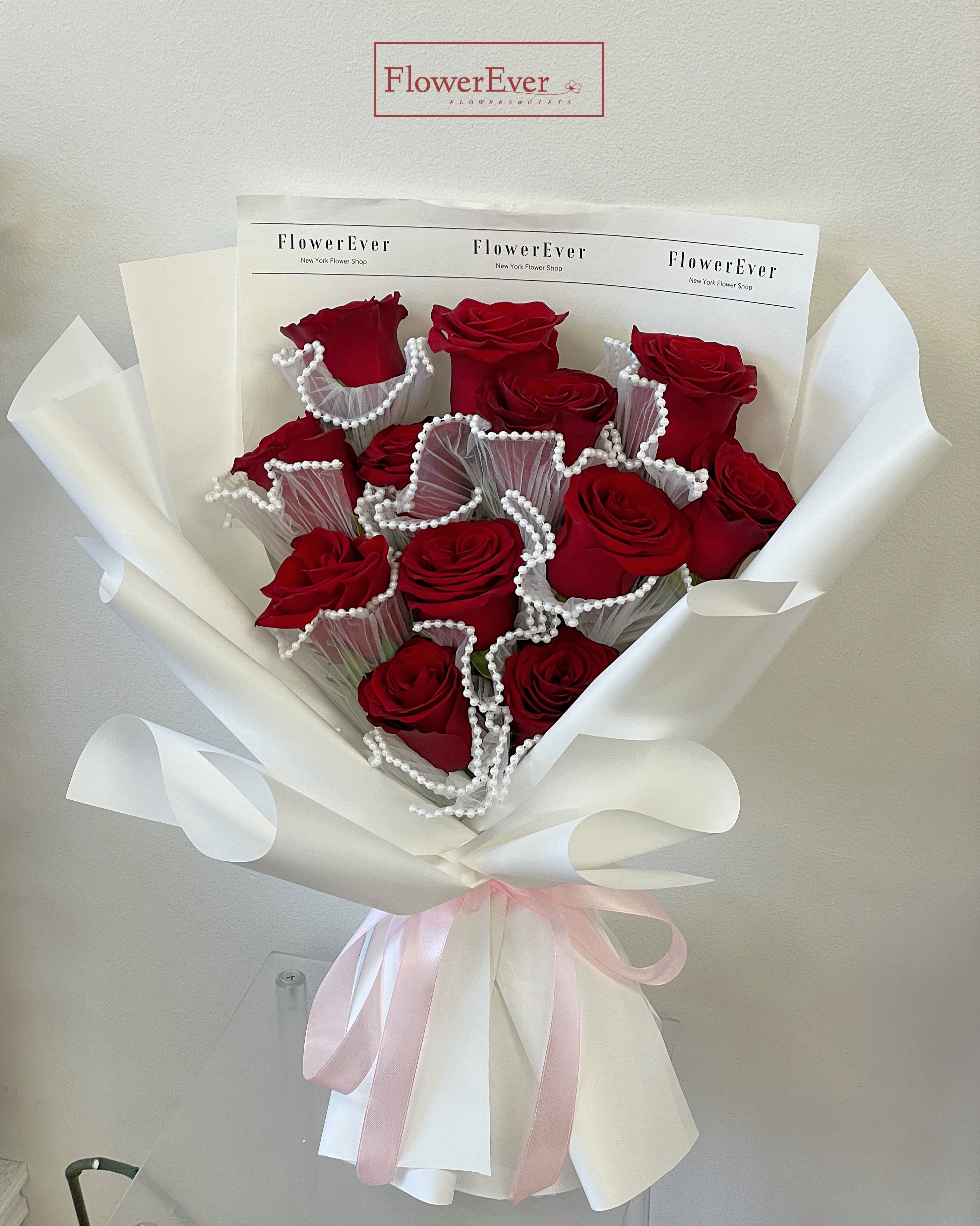 Red Rose Bouquet in White Floral Paper|12 Stems