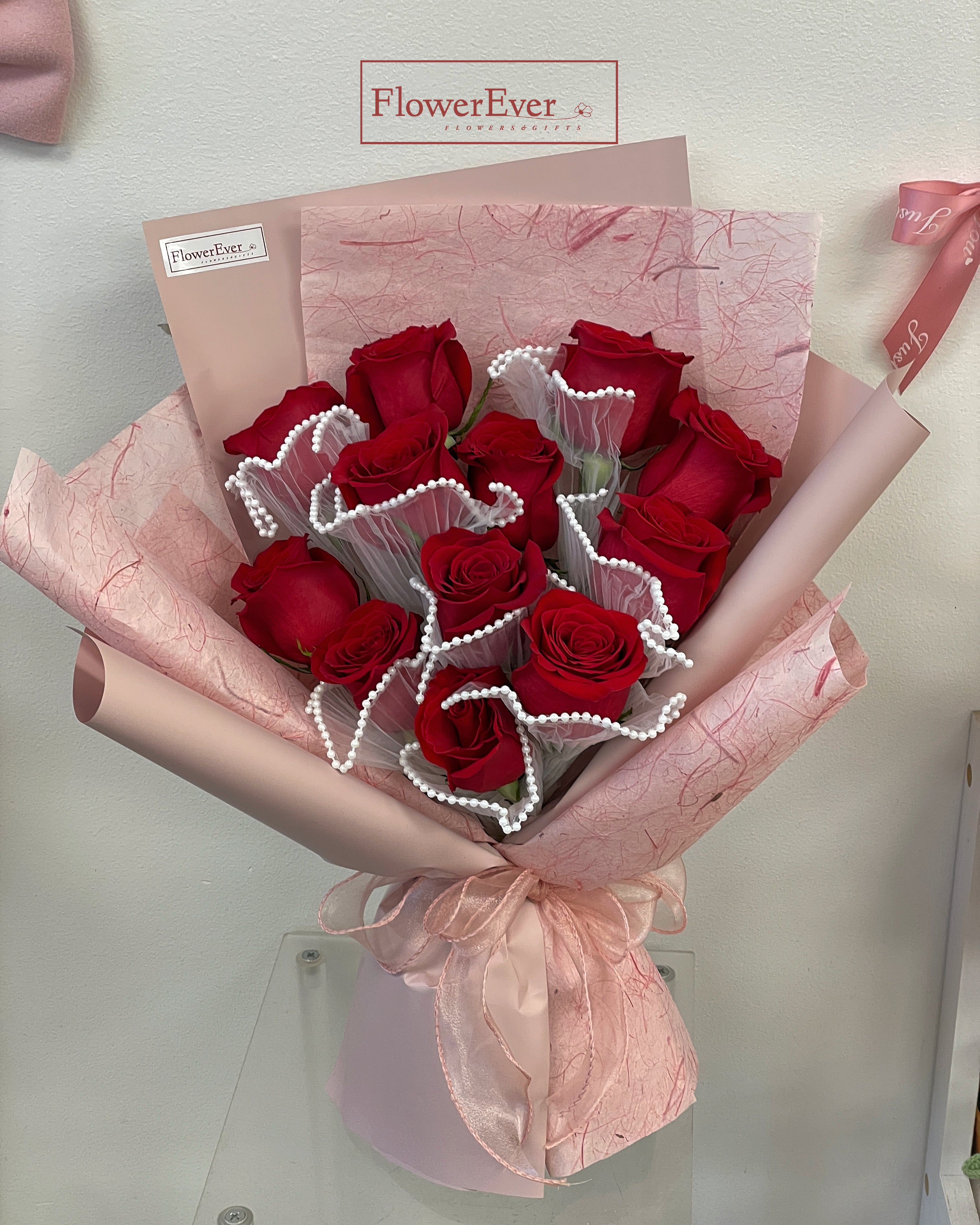Red Rose Bouquet with Lace Fabric