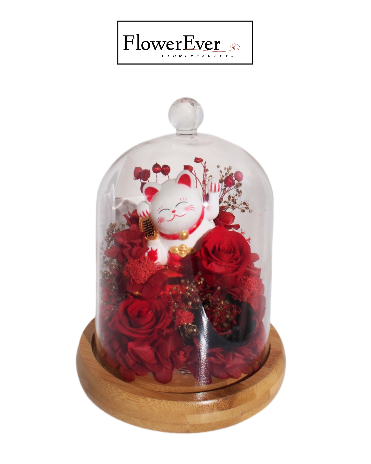 Large Lucky Cat Forever Rose Glass Dome Preserved Real Floral|Grand Opening Gift
