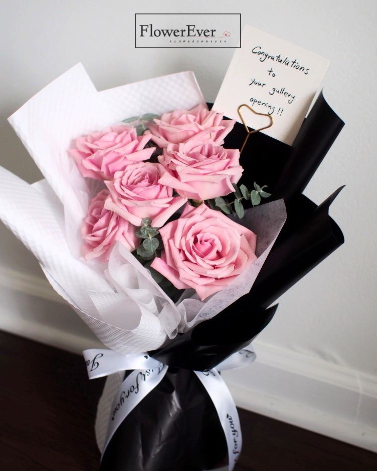 12 Fresh Pink Rose Stems Wrapped in Classy Black & White Packaging