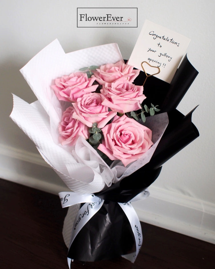 Pink Rose Bouquet with 12 Stems in Black & White Floral Paper