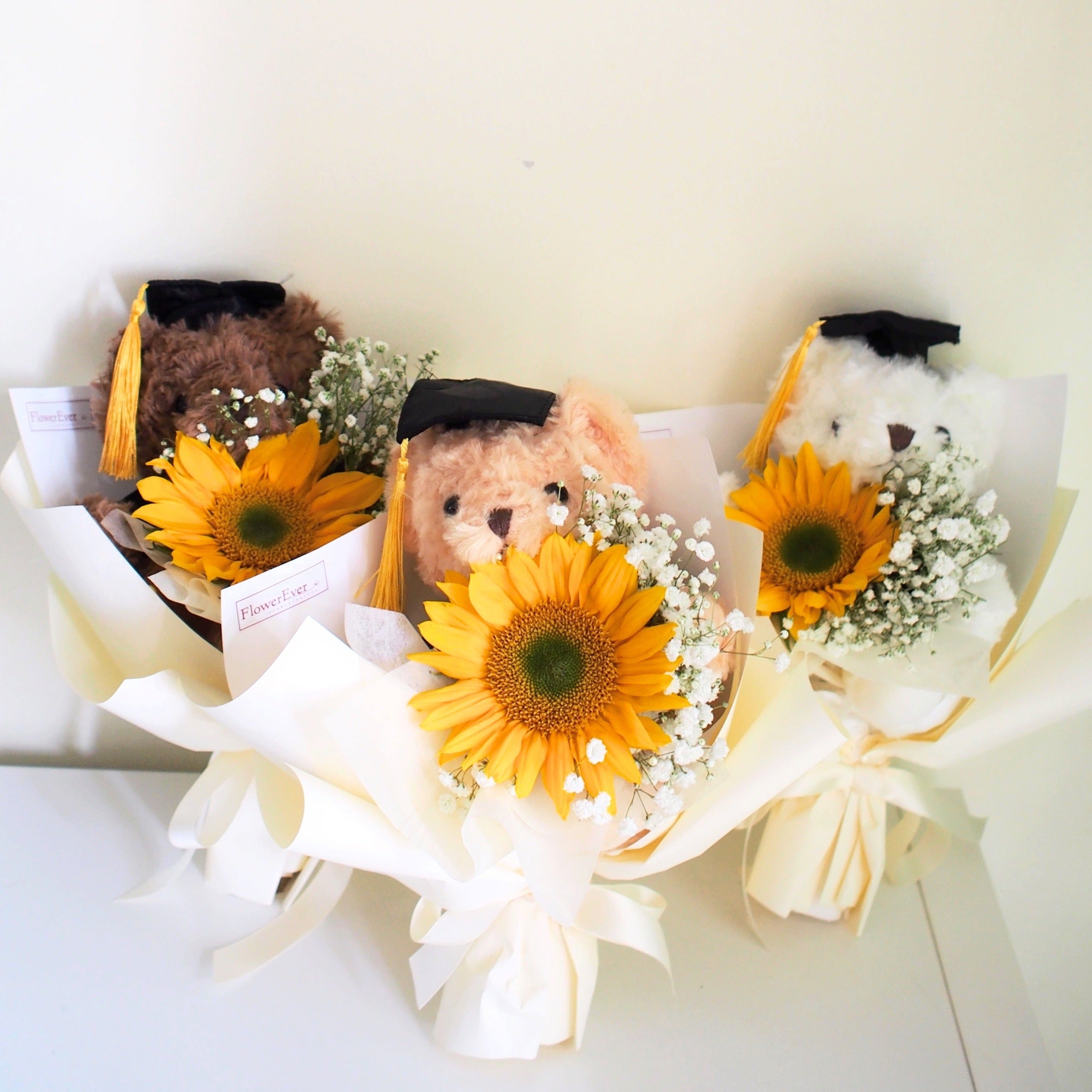 Sunflower Bouquet for Graduation with Beige Teddy Bear|1 Stem