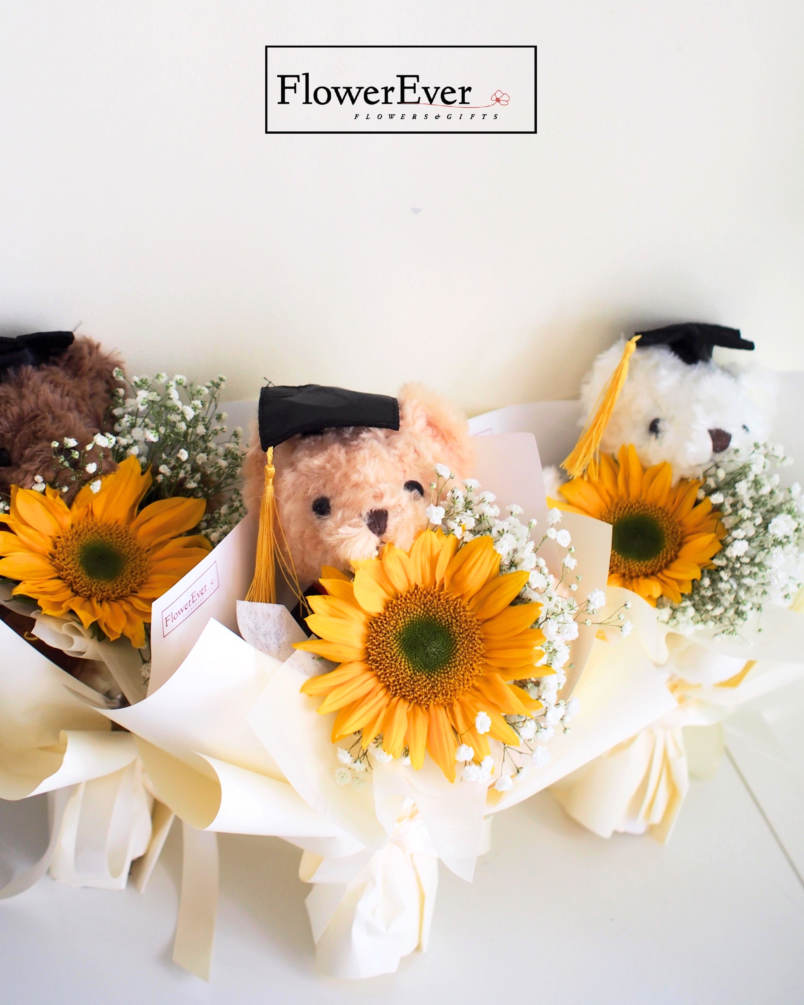 Sunflower Bouquet for Graduation with Beige Teddy Bear|1 Stem