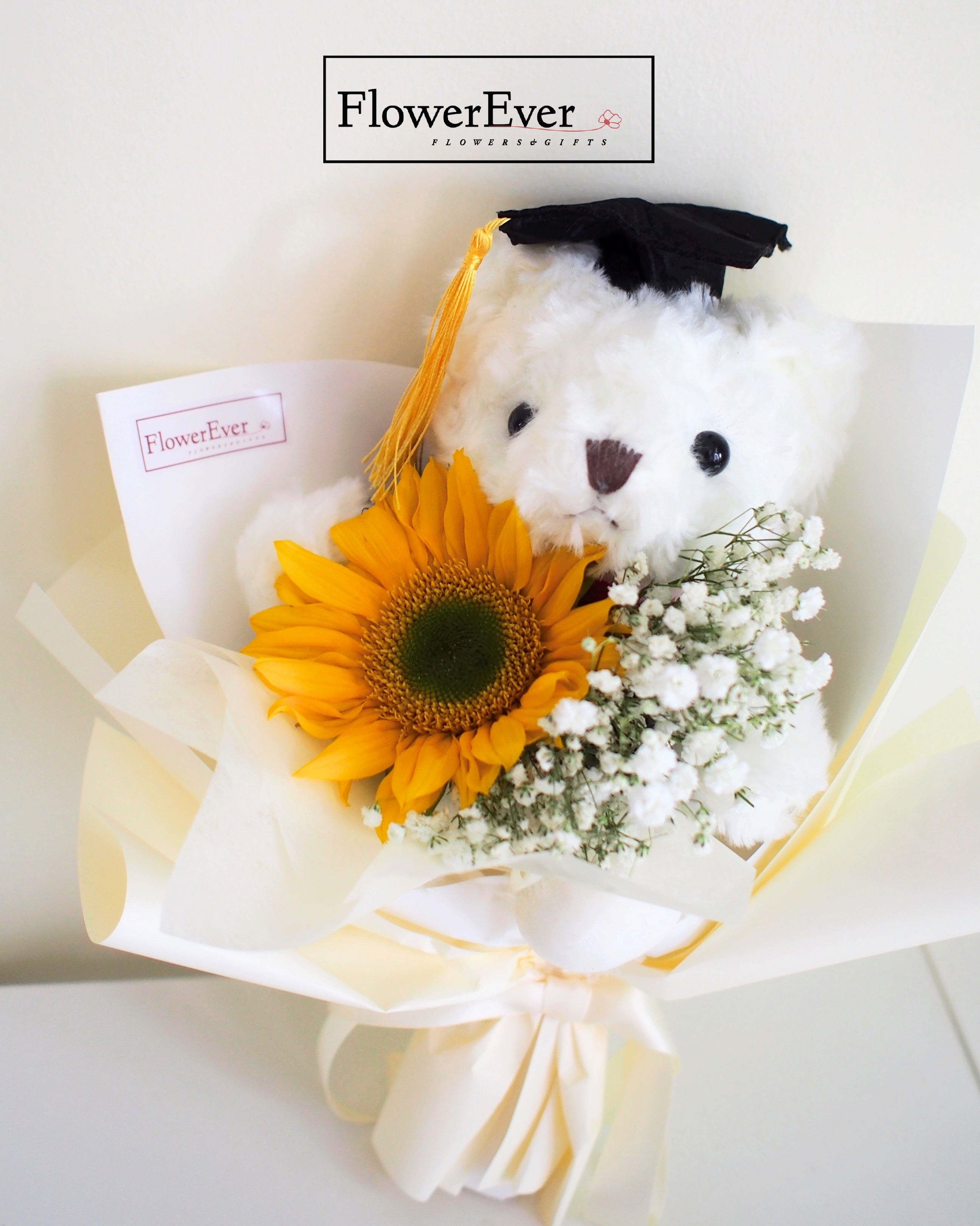 Sunflower Bouquet for Graduation with Beige Teddy Bear|1 Stem