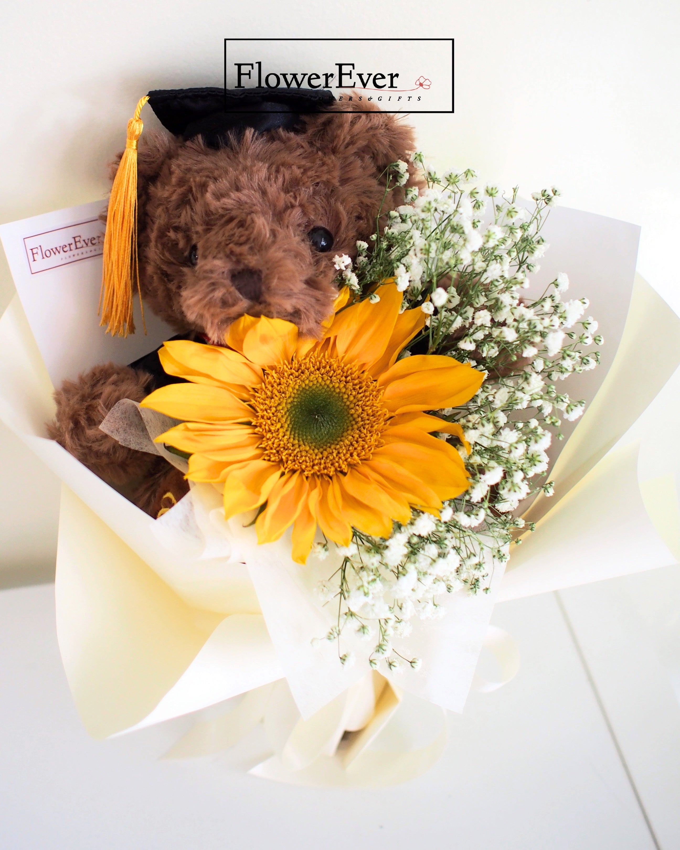 Sunflower Bouquet for Graduation with Beige Teddy Bear|1 Stem