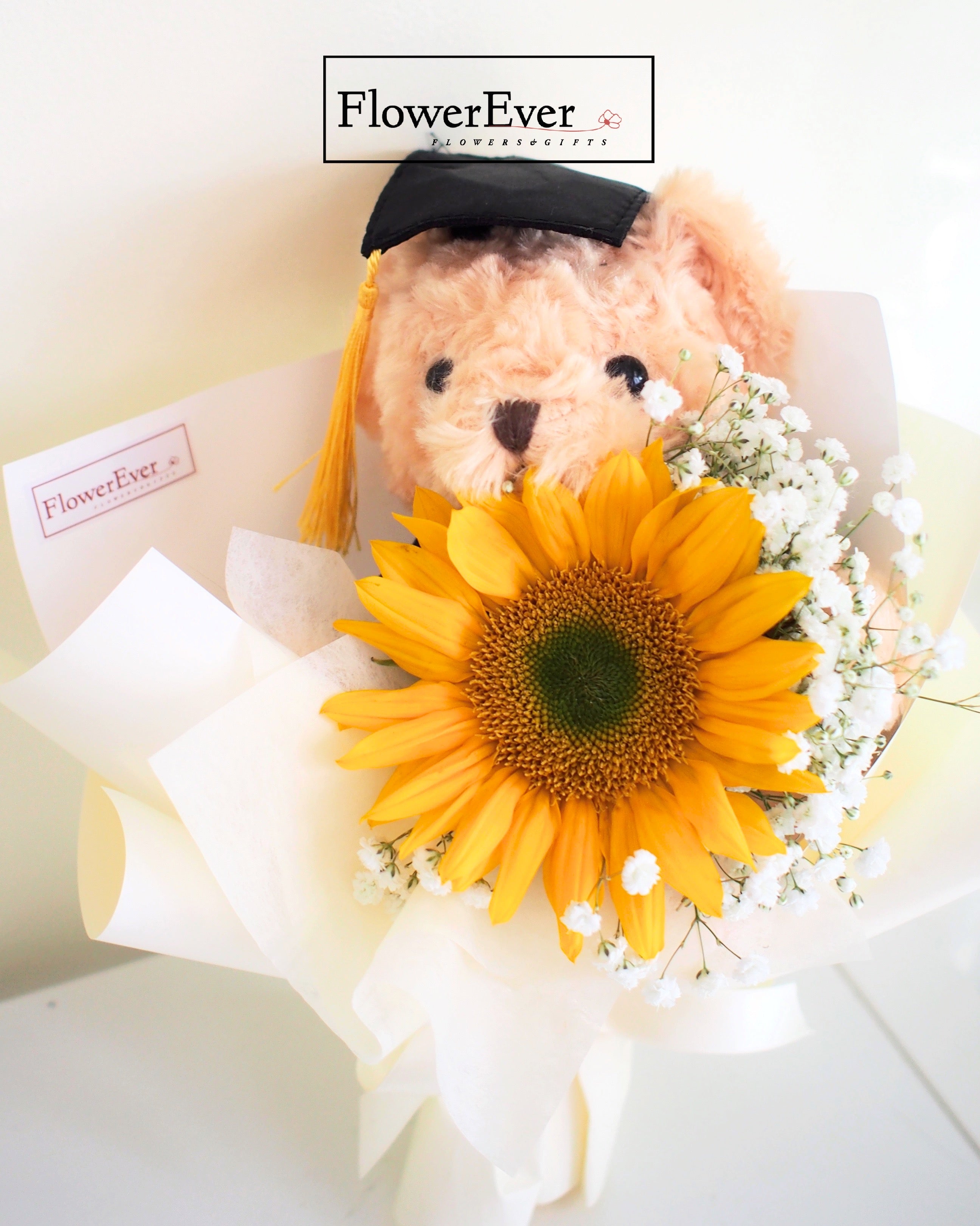 Sunflower Bouquet for Graduation with Beige Teddy Bear|1 Stem