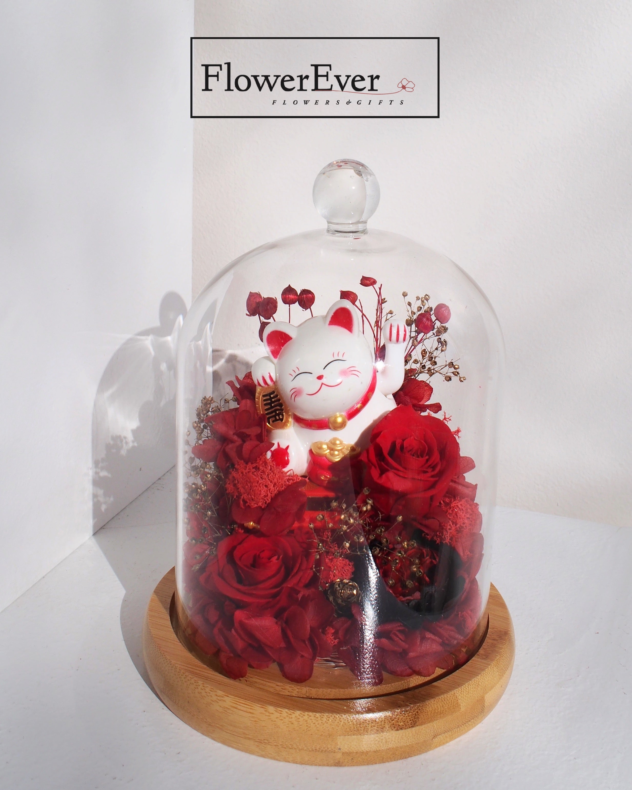 Large Lucky Cat Forever Rose Glass Dome Preserved Real Floral|Grand Opening Gift