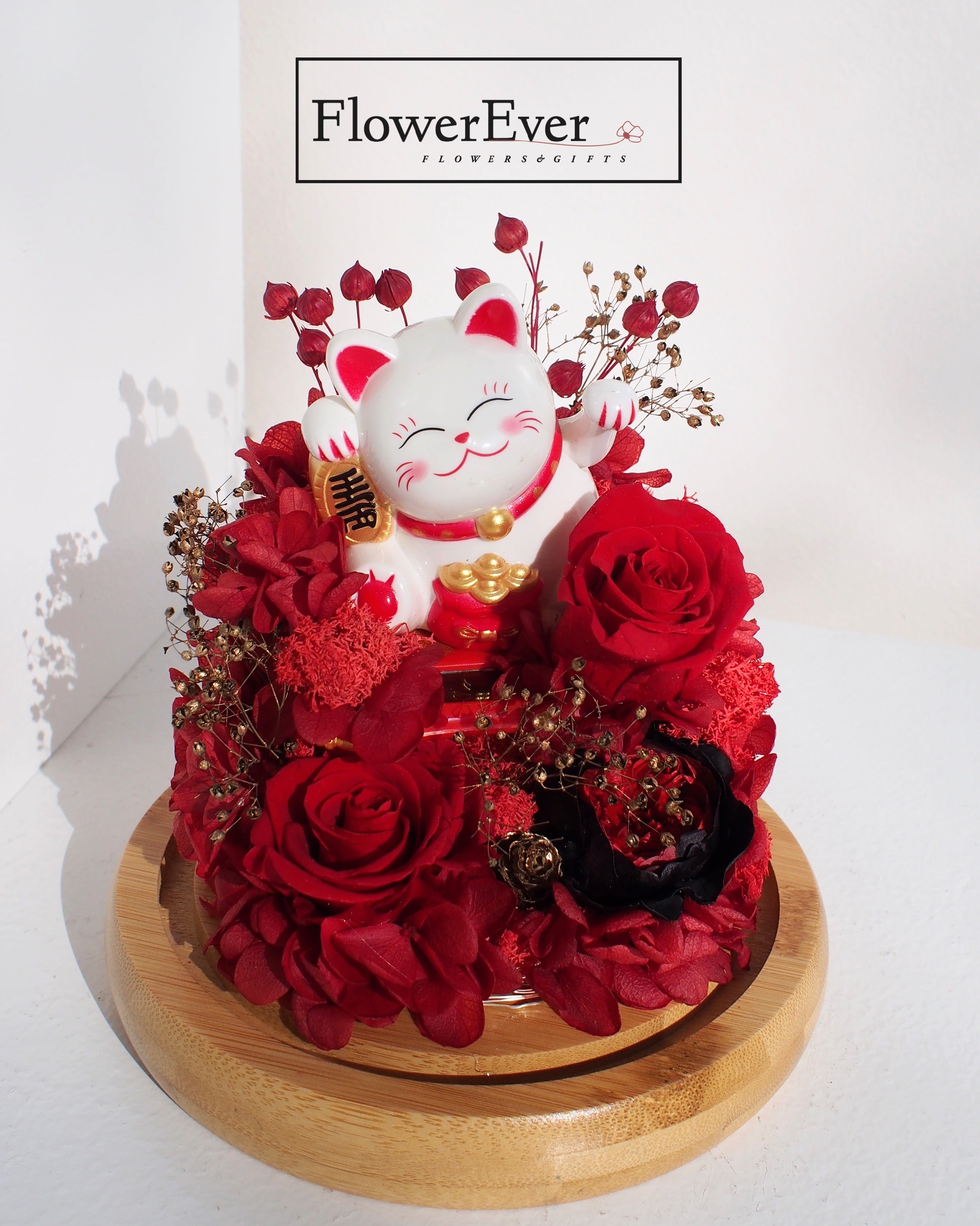 Large Lucky Cat Forever Rose Glass Dome Preserved Real Floral|Grand Opening Gift