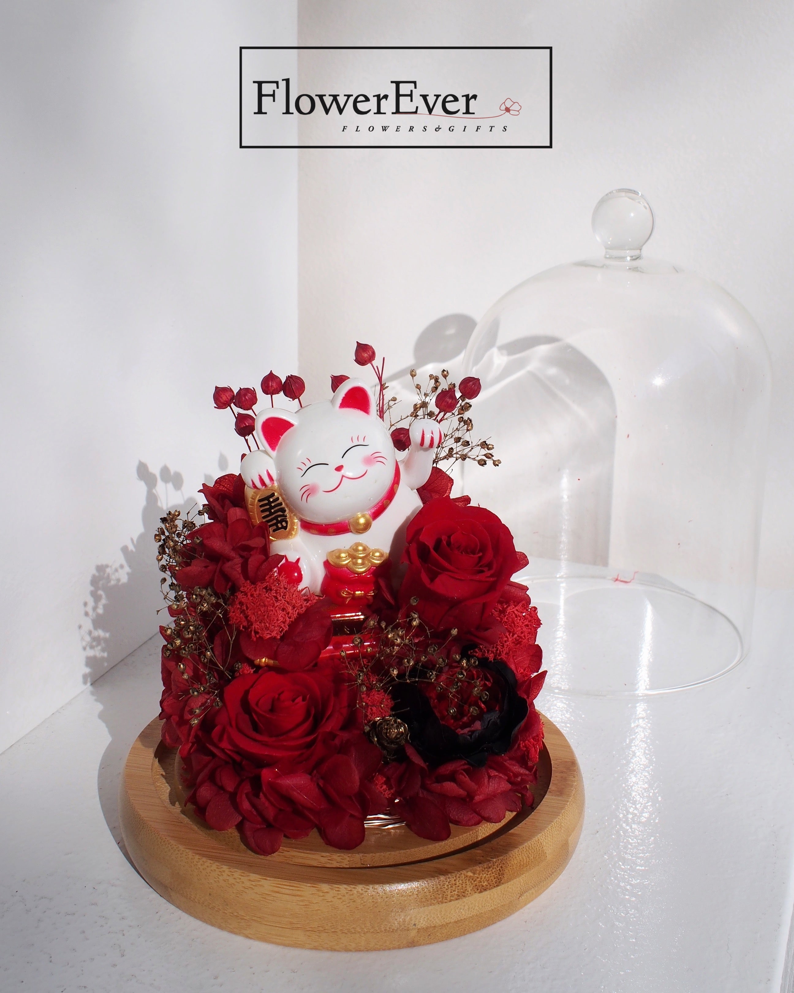 Large Lucky Cat Forever Rose Glass Dome Preserved Real Floral|Grand Opening Gift