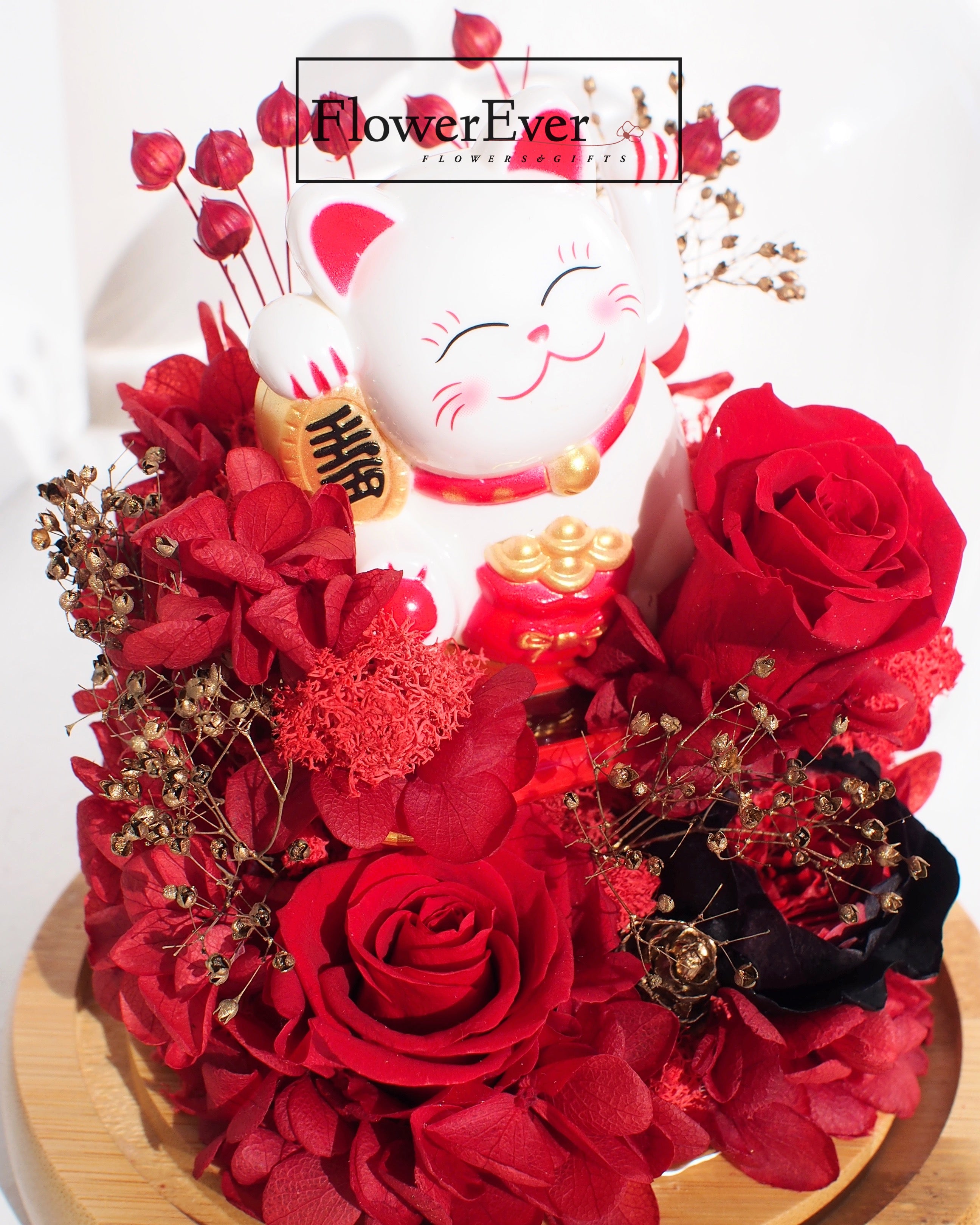 Large Lucky Cat Forever Rose Glass Dome Preserved Real Floral|Grand Opening Gift