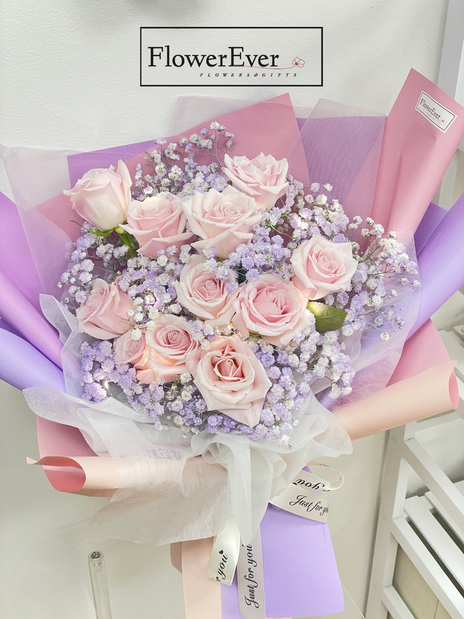 Pink Rose Bouquet in Pink & Purple Paper with Baby&