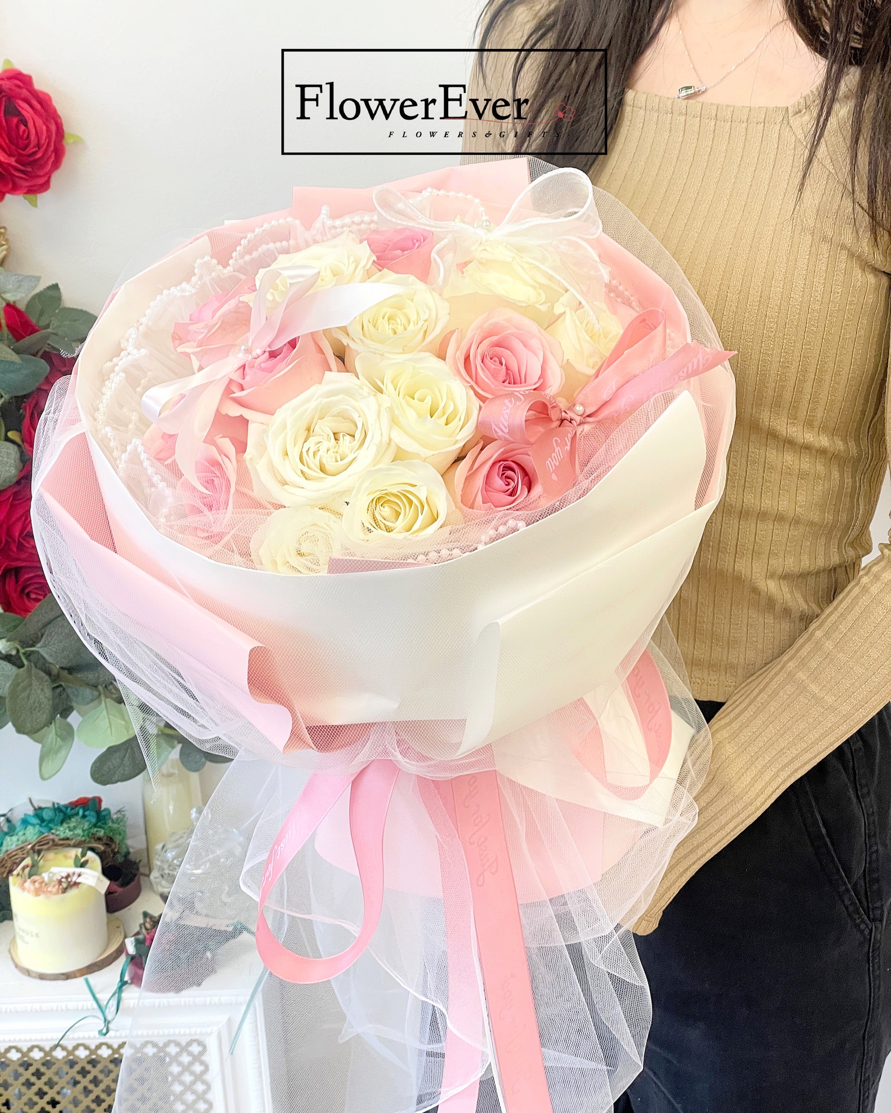 Wedding Veil Bouquet with Pink & White Rose & Ribbons|Proposal Bouquets