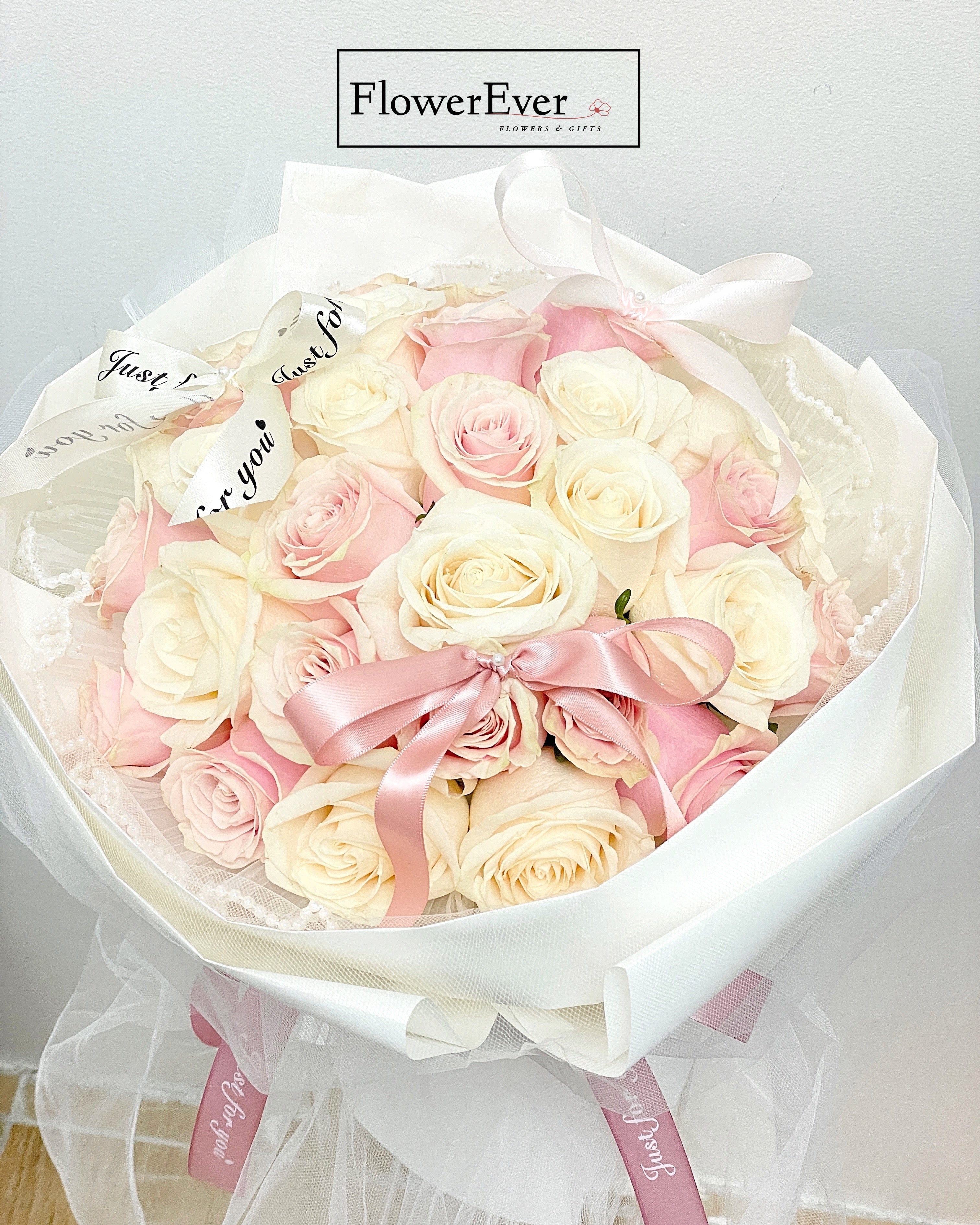 Wedding Veil Bouquet with Pink & White Rose & Ribbons|Proposal Bouquets