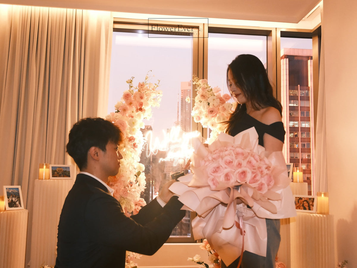 Pink & White Proposal at Virgin Hotel NYC | Sunset Skyline Views
