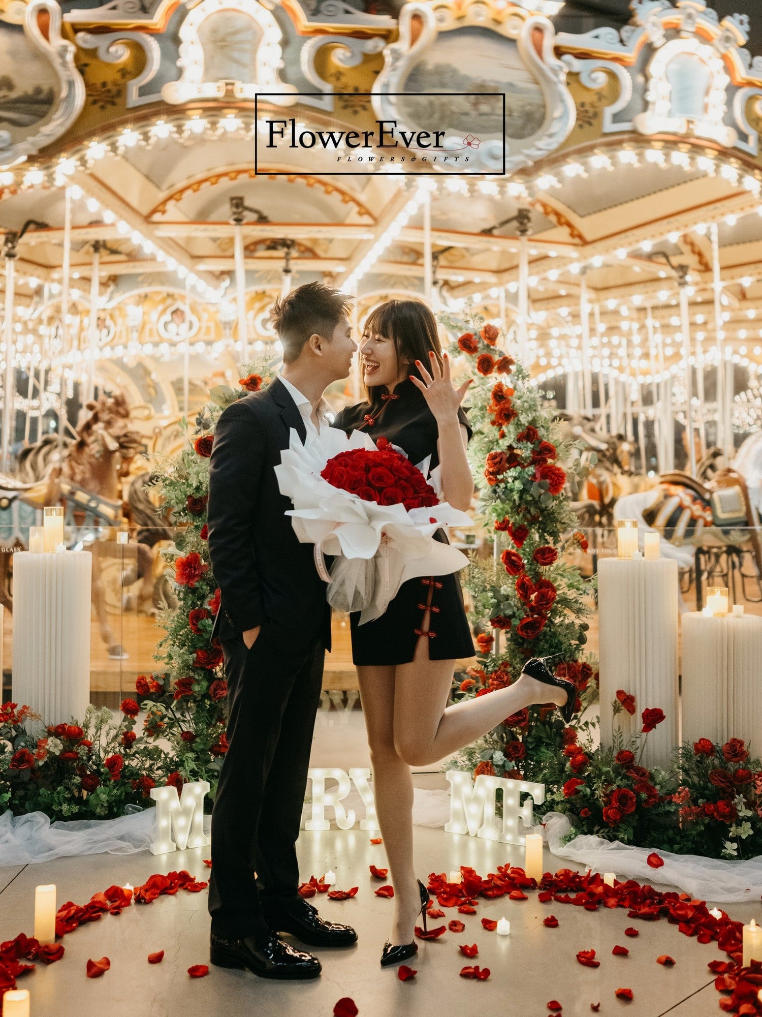 A Romantic Red Rose Proposal at Jane's Carousel in DUMBO Brooklyn