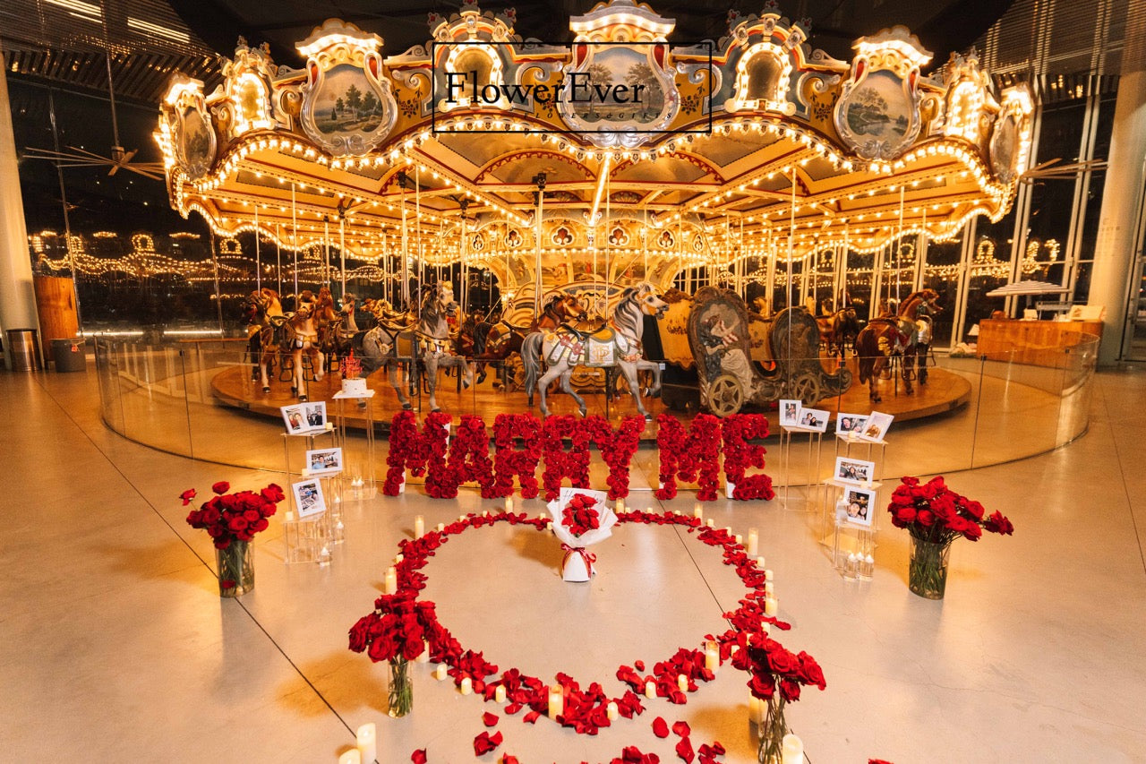 NYC Luxurious Proposal Decor｜Red Rose Aisle + Photo Frames + Rose Heart