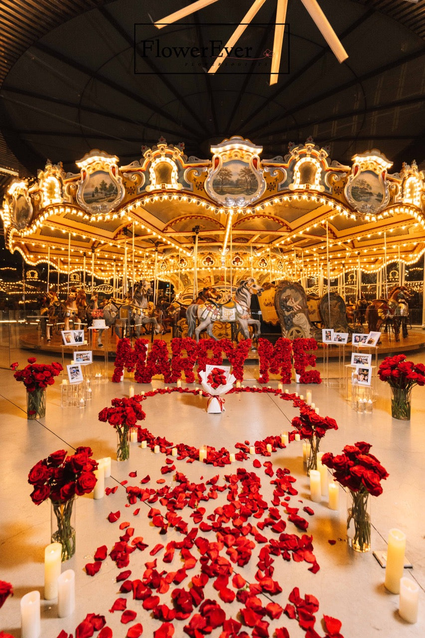 NYC Luxurious Proposal Decor｜Red Rose Aisle + Photo Frames + Rose Heart