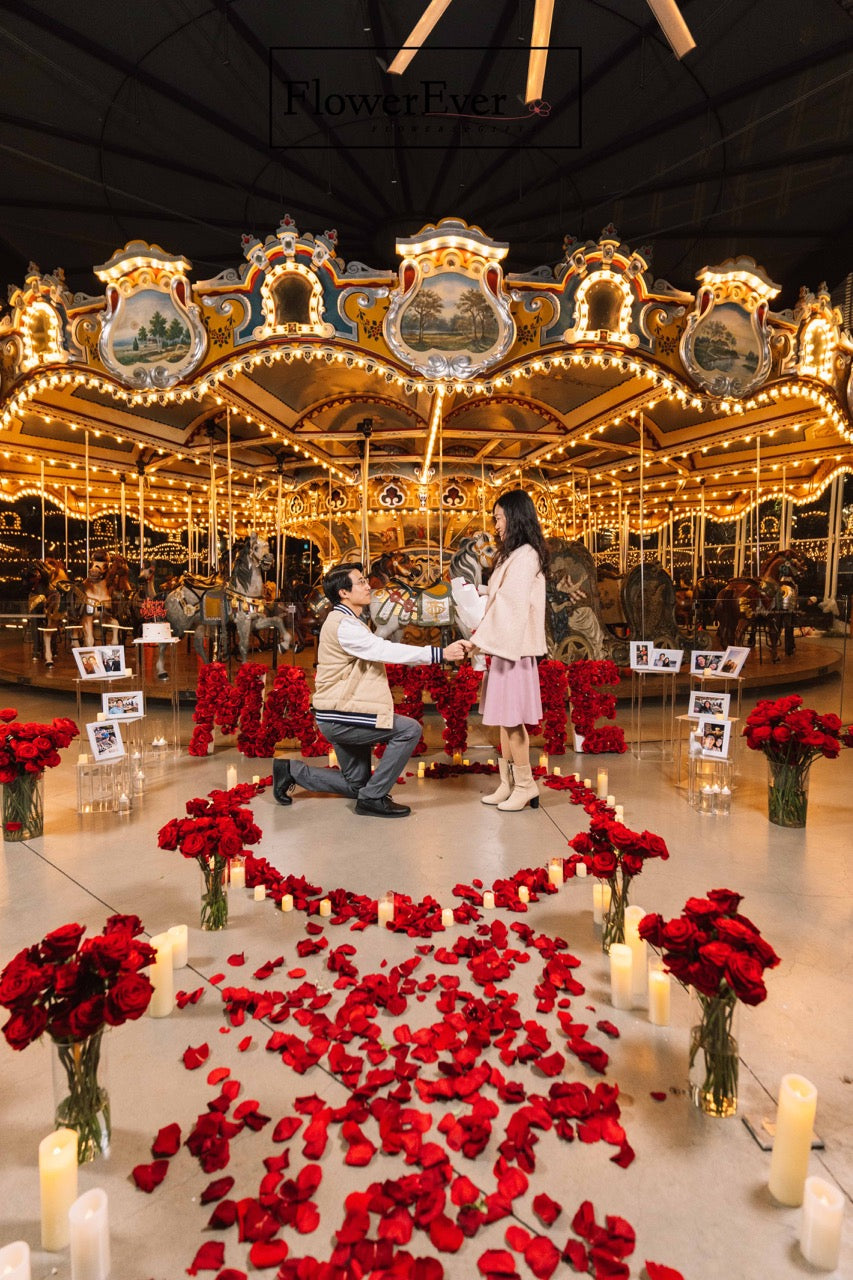 NYC Luxurious Proposal Decor｜Red Rose Aisle + Photo Frames + Rose Heart