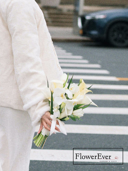 White Calla Lily &amp; Orchids Bridal Bouquet Elegant Design｜Medium