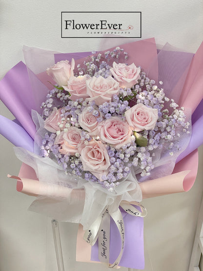 Pink Rose Bouquet in Pink &amp; Purple Paper with Baby&