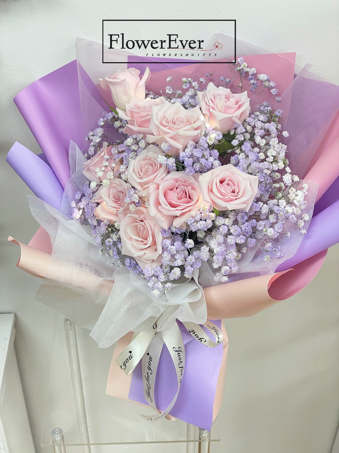 Pink Rose Bouquet in Pink & Purple Paper with Baby&