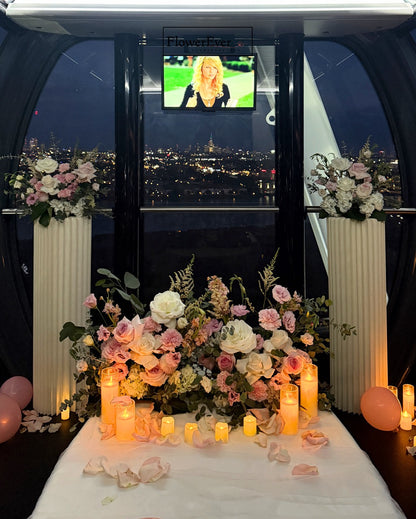Proposal decoration setup – NYC Ferris Wheel Proposal Decor-Flowers, Balloon + Bouquet – New York proposal decorator