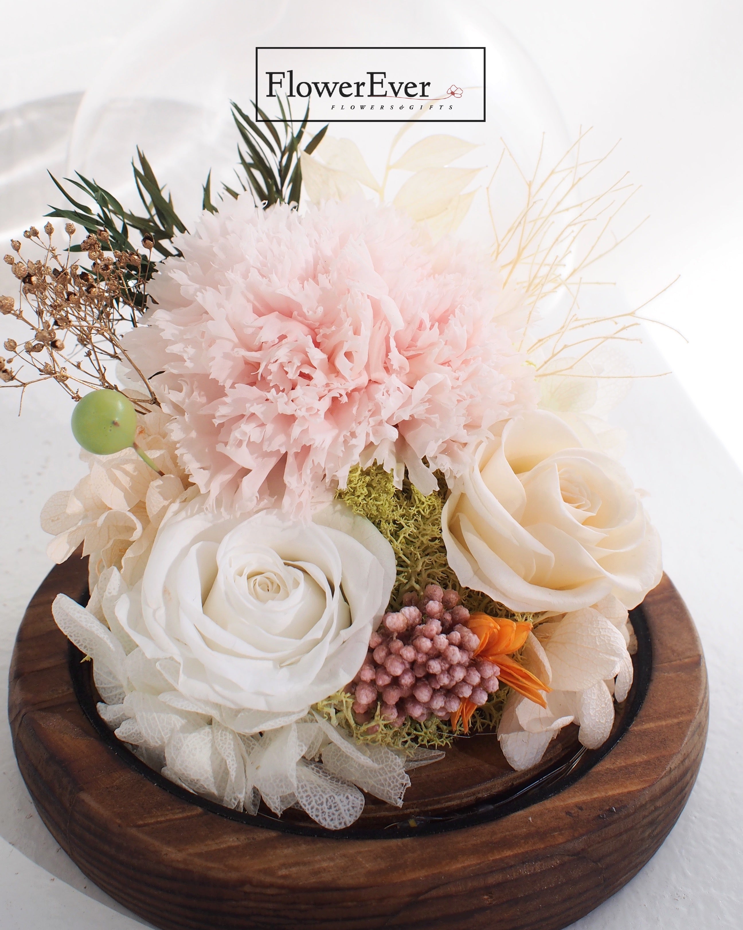 A glass dome containing vivid preserved light Pink carnations arrangement