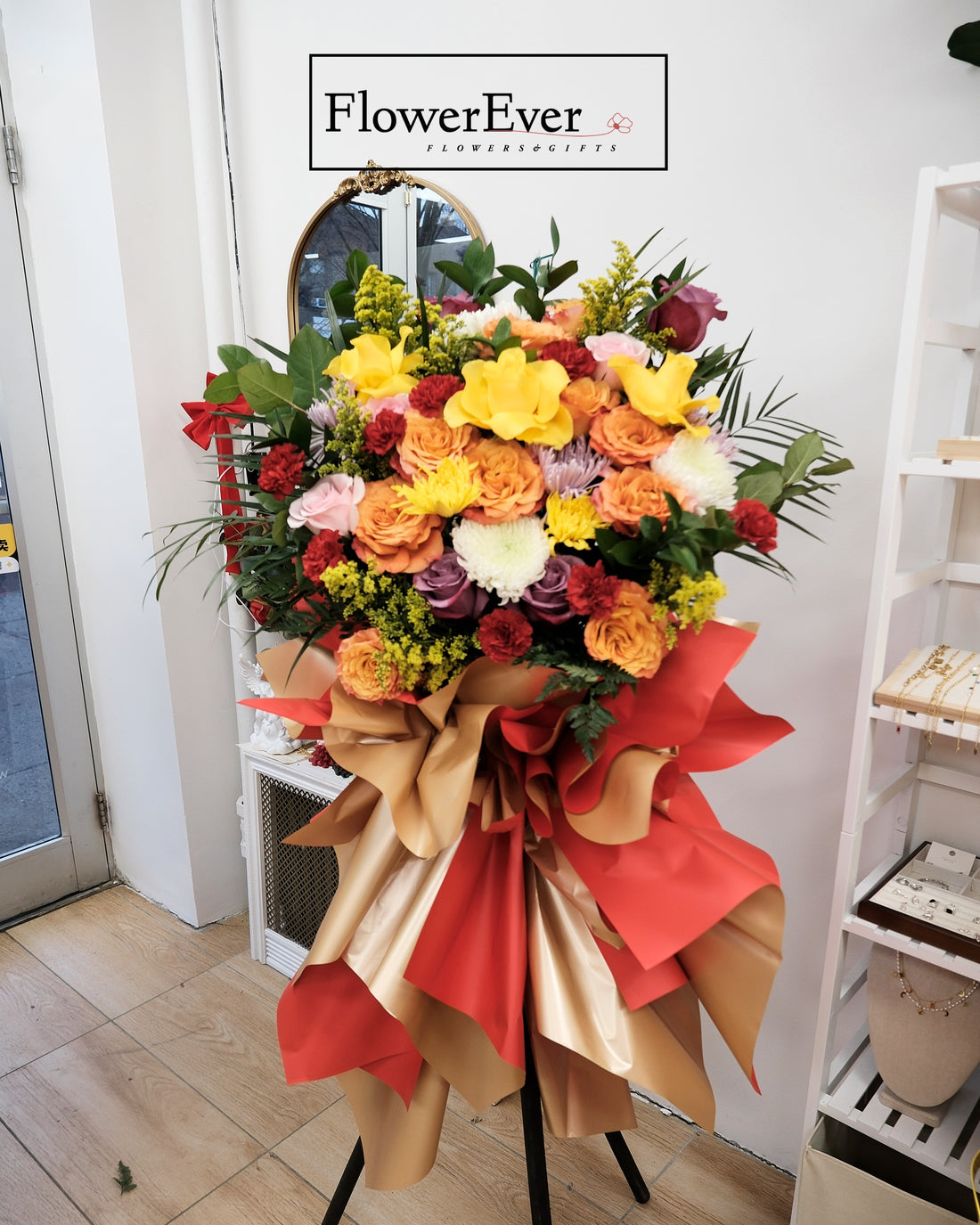Grand Opening Flower Basket/Stand with Roses & Carnations