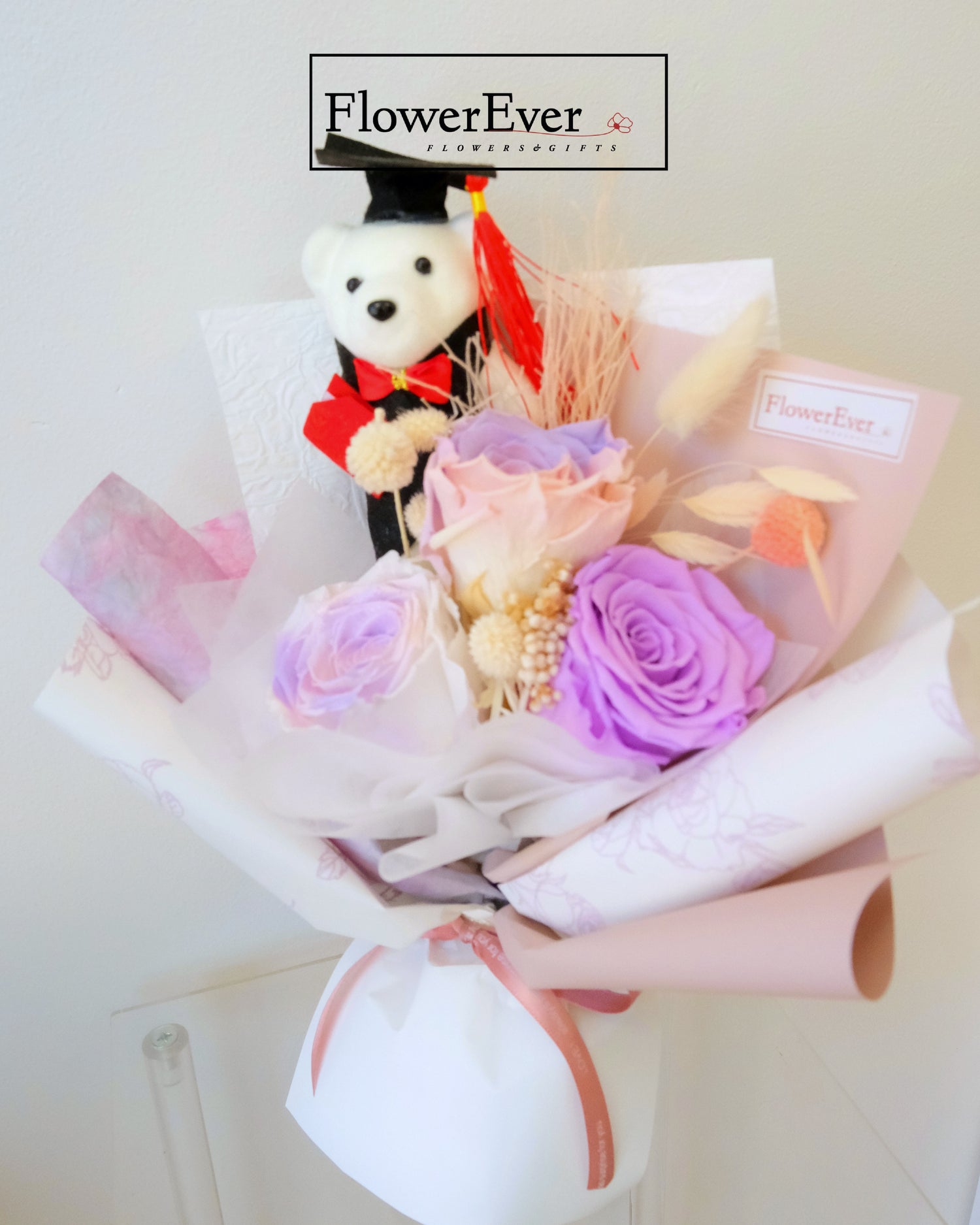 Preserved Real Rose Bouquet for Graduation w. Cute Teddy Bear