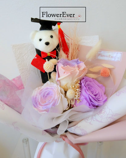 Preserved Real Rose Bouquet for Graduation w. Cute Teddy Bear