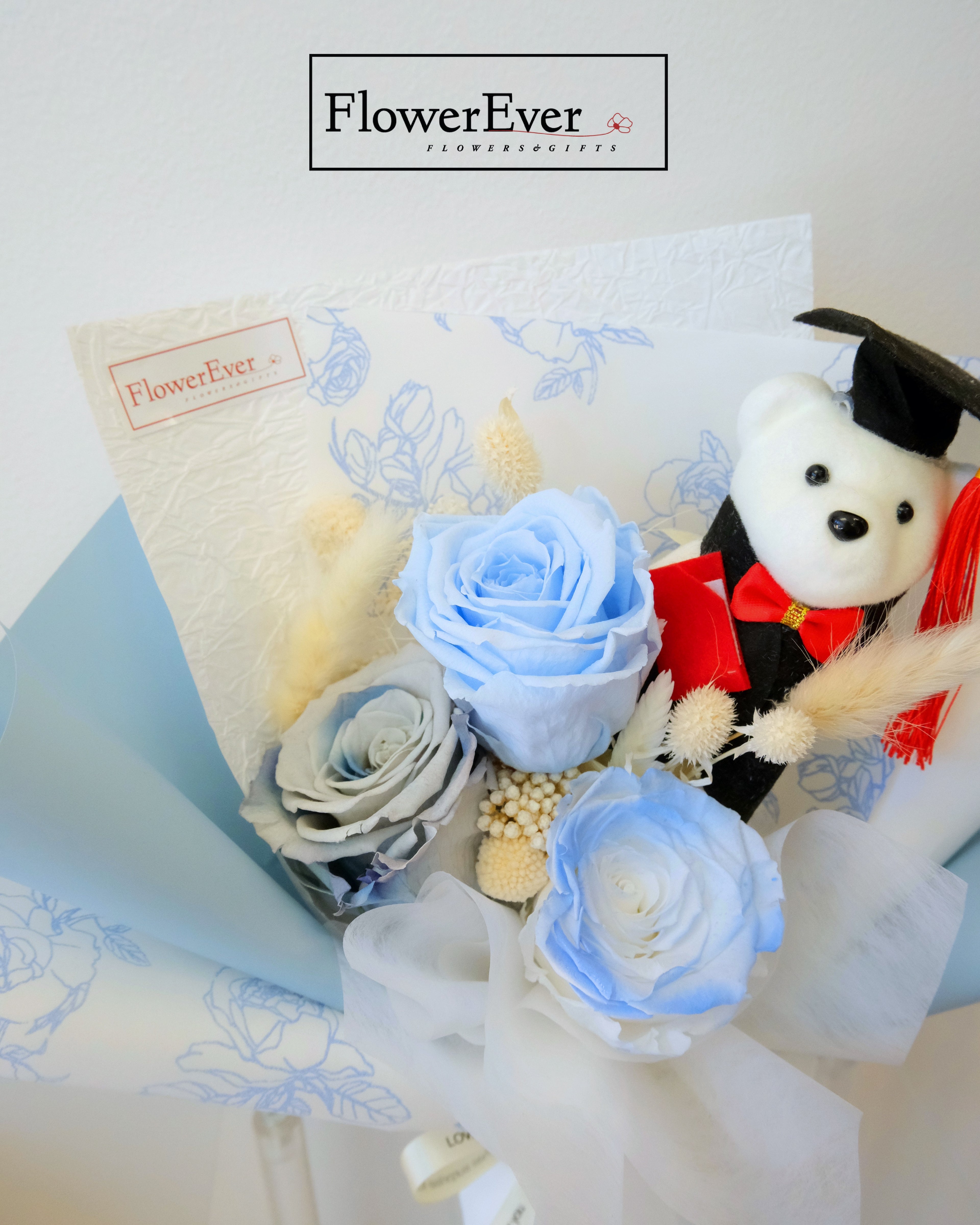 Preserved Real Rose Bouquet for Graduation w. Cute Teddy Bear