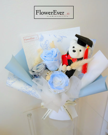 Preserved Real Rose Bouquet for Graduation w. Cute Teddy Bear