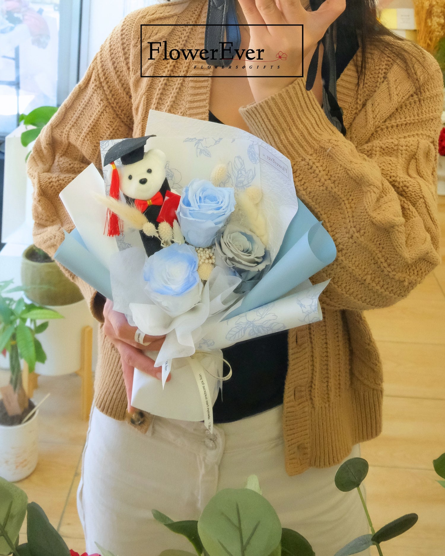 Preserved Real Rose Bouquet for Graduation w. Cute Teddy Bear