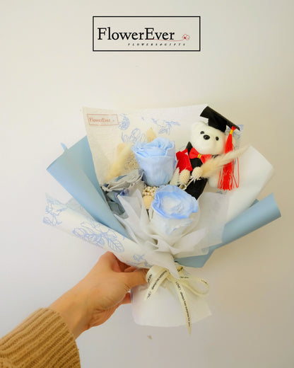 Preserved Real Rose Bouquet for Graduation w. Cute Teddy Bear