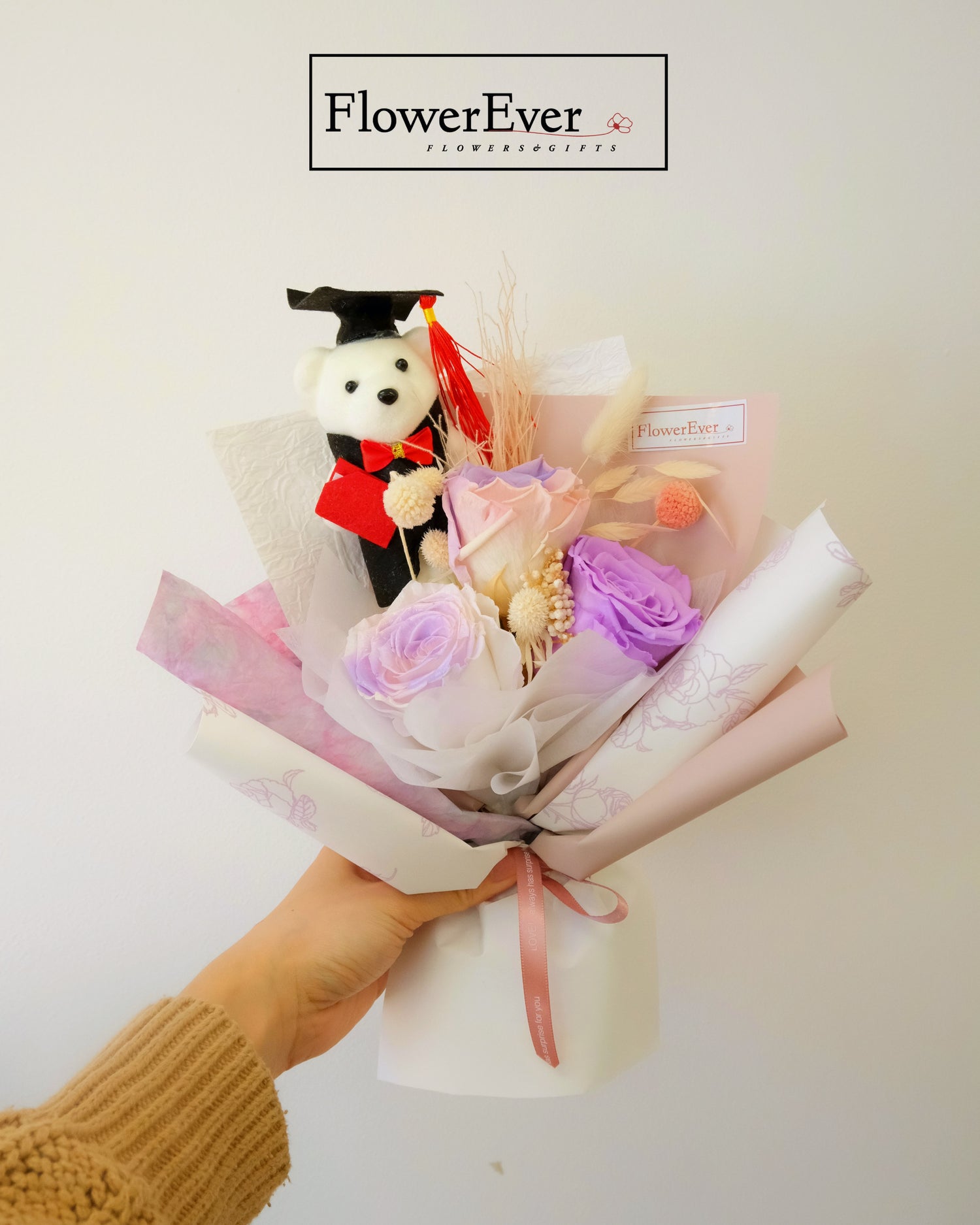 Preserved Real Rose Bouquet for Graduation w. Cute Teddy Bear