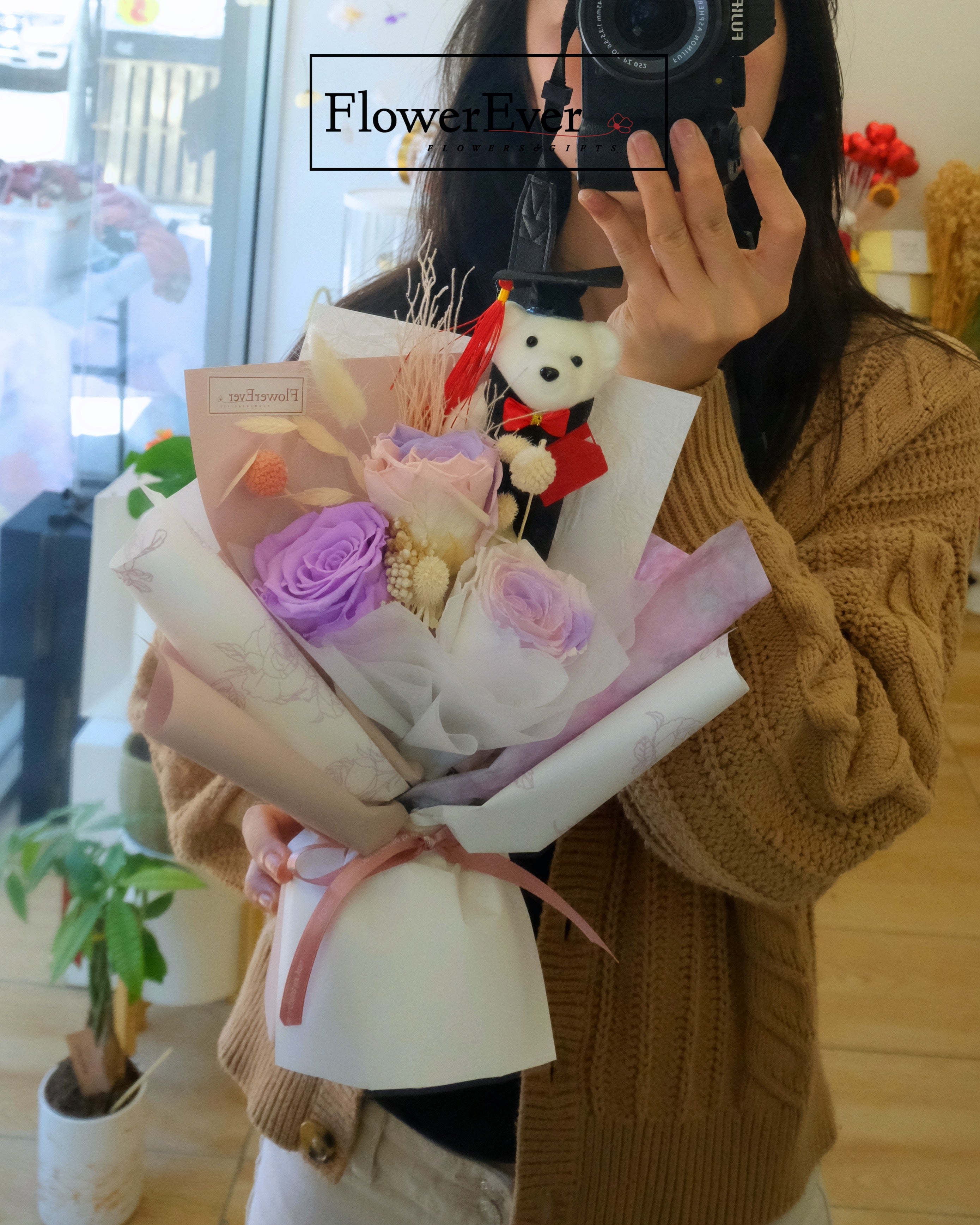 Preserved Real Rose Bouquet for Graduation w. Cute Teddy Bear