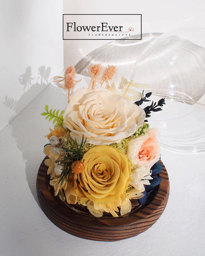 Preserved rose blooms and buds in cream and ivory under a transparent glass dome.