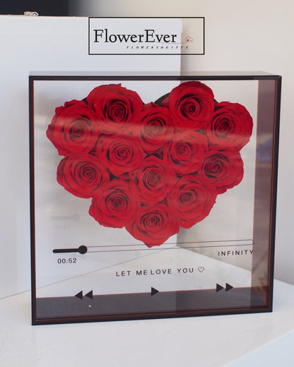 Preserved Real Rose Luxury Heart Box, Music Player Design w. 13 Preserved Roses